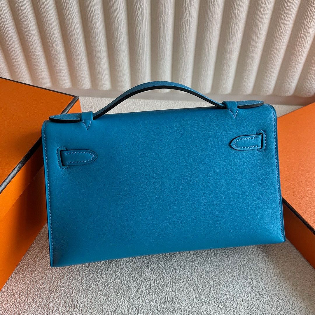 Hermes Kelly Pochette Verso Handmade Bag in Blue Frida Swift Calfskin - Image 6