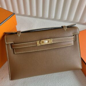 Hermes Kelly Pochette Verso Handmade Bag in Beige de Weimar Swift Calfskin
