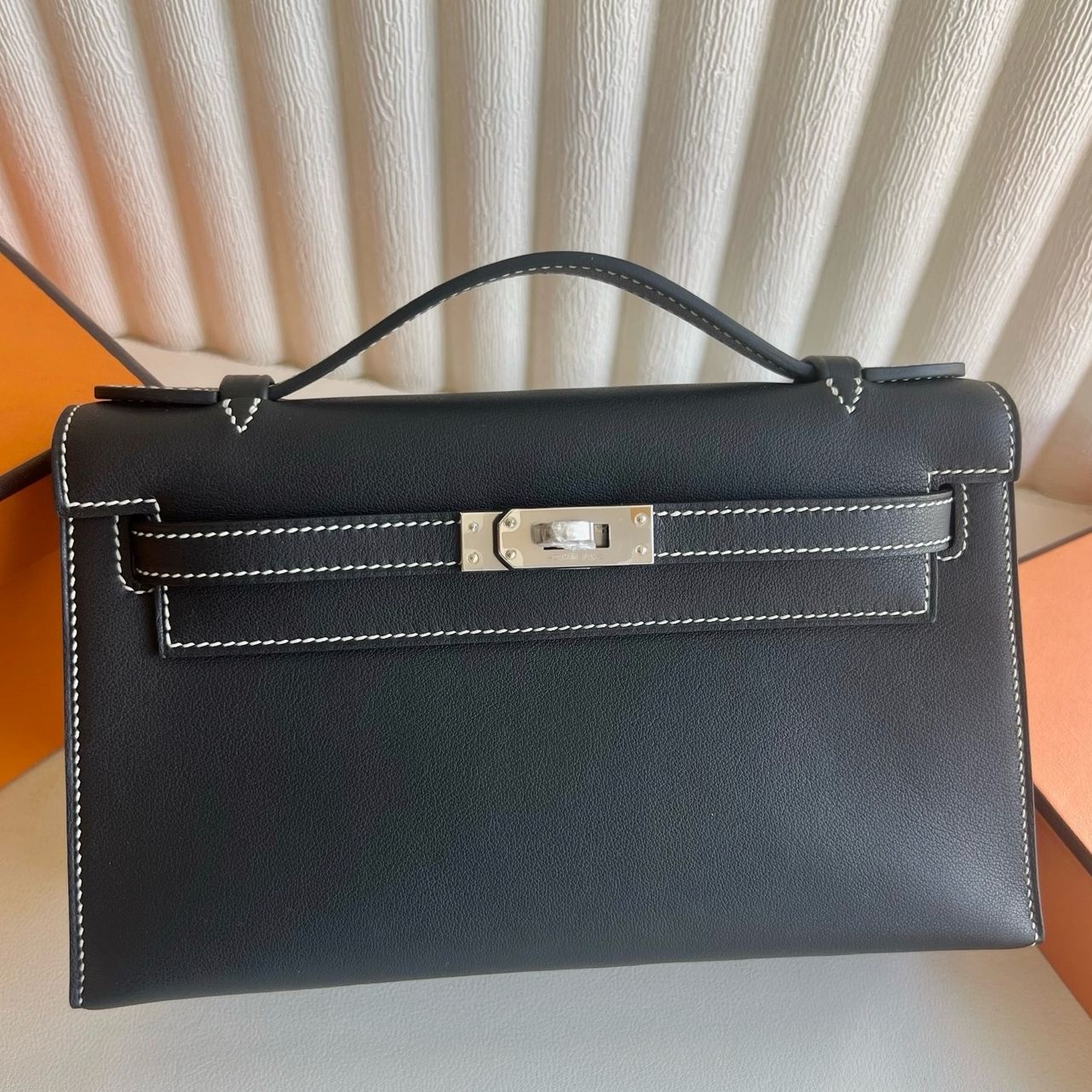 Hermes Kelly Pochette Verso Handmade Bag in Black Swift Calfskin