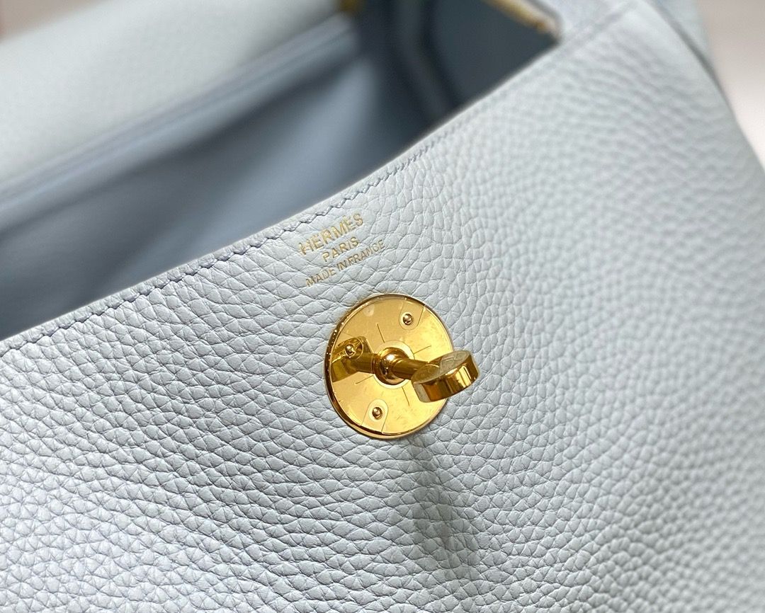 Hermes Lindy 30cm Bag In Blue Brume Clemence Leather GHW - Image 10