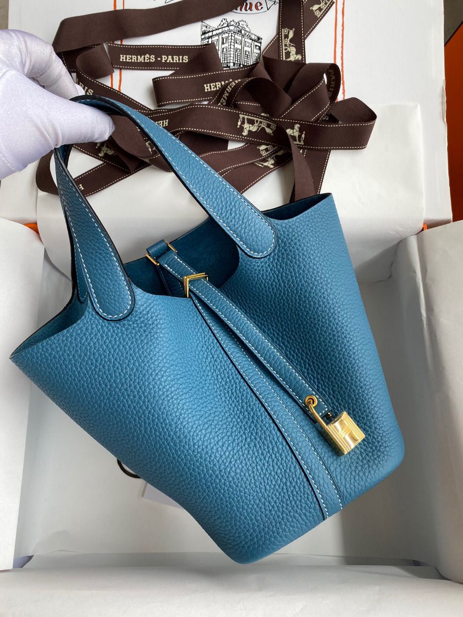 Hermes Picotin Lock 18 Handmade Bag in Blue Jean Clemence Leather - Image 3