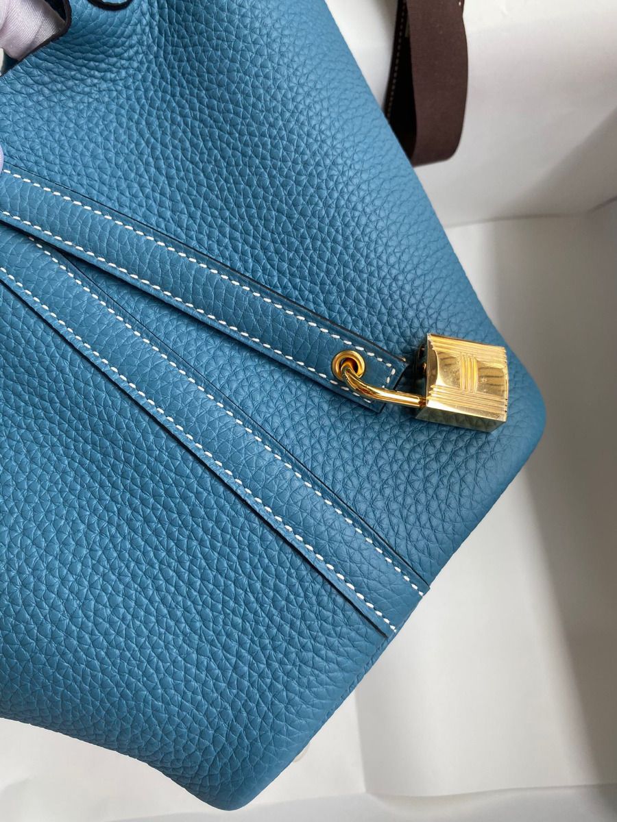 Hermes Picotin Lock 18 Handmade Bag in Blue Jean Clemence Leather - Image 4