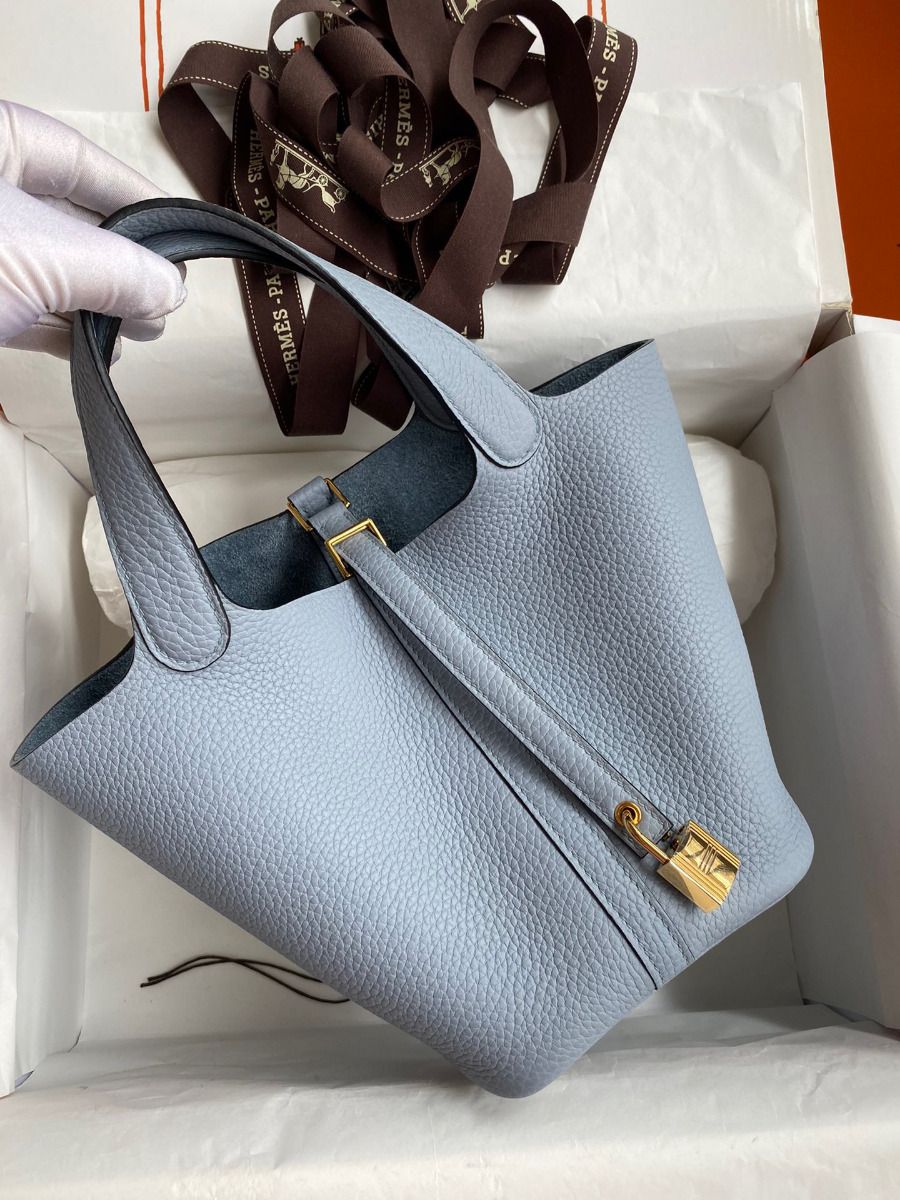 Hermes Picotin Lock 18 Handmade Bag in Blue Lin Clemence Leather - Image 3