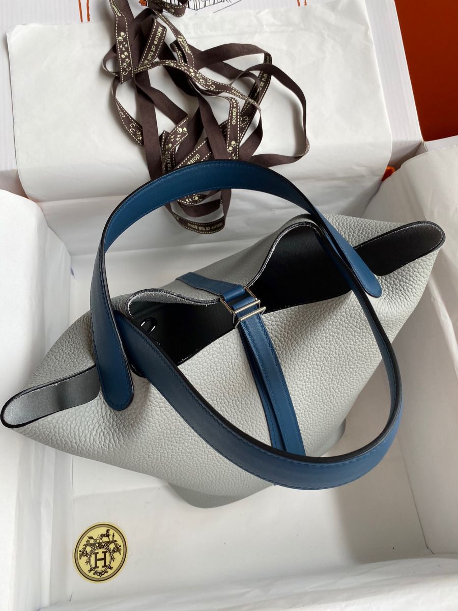 Hermes Picotin Lock 22 Bicolor Handmade Bag in Gris Mouette and Blue Agate Swift Leather - Image 10