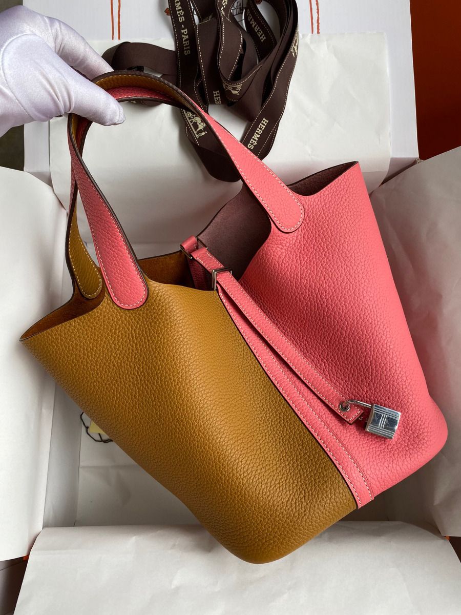 Hermes Picotin Lock 22 Bicolor Handmade Bag in Sesame and Rose Azalee Clemence Leather - Image 3