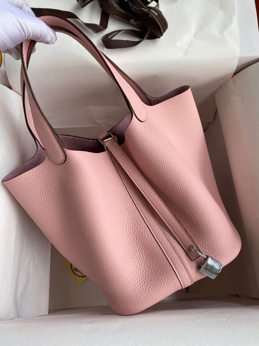 Hermes Picotin Lock 22 Handmade Bag in Pink Clemence Leather - Image 3