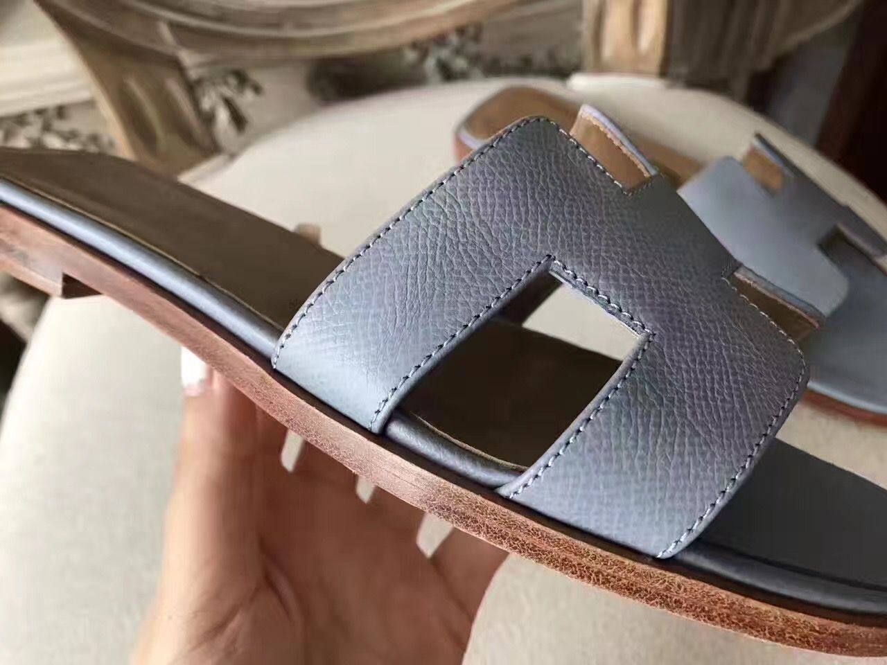 Hermes Oran Sandals In Blue Lin Epsom Leather - Image 5