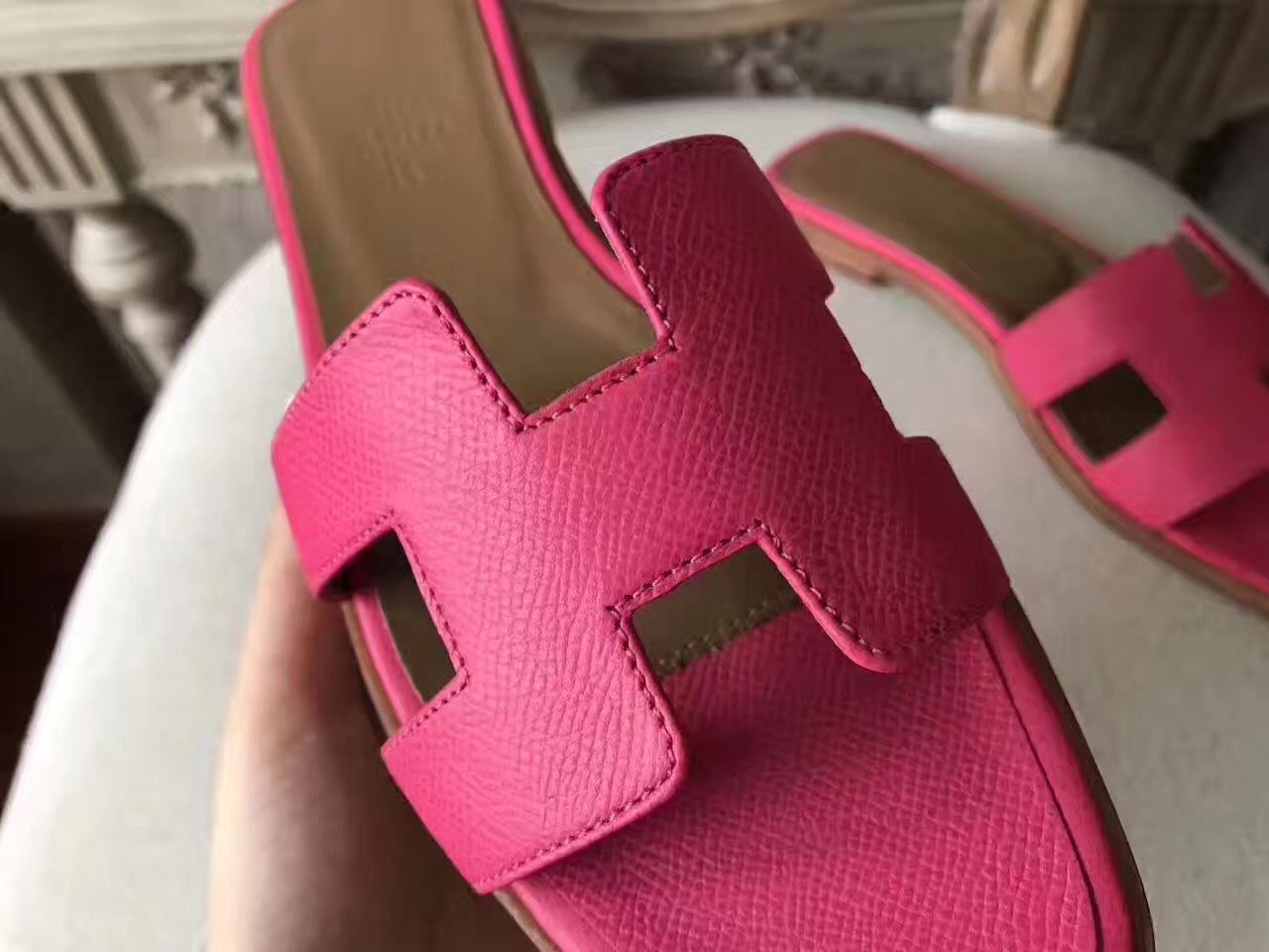 Hermes Oran Sandals In Rose Red Epsom Leather - Image 7