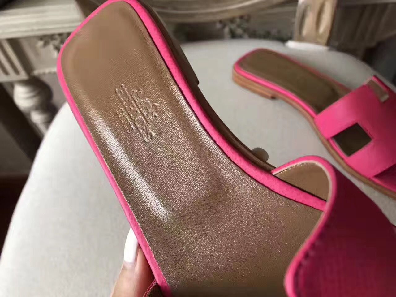 Hermes Oran Sandals In Rose Red Epsom Leather - Image 8