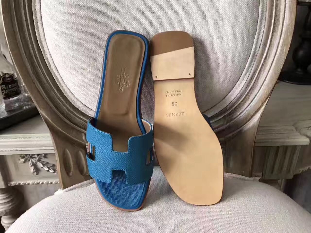 Hermes Oran Sandals In Turquoise Epsom Leather - Image 3