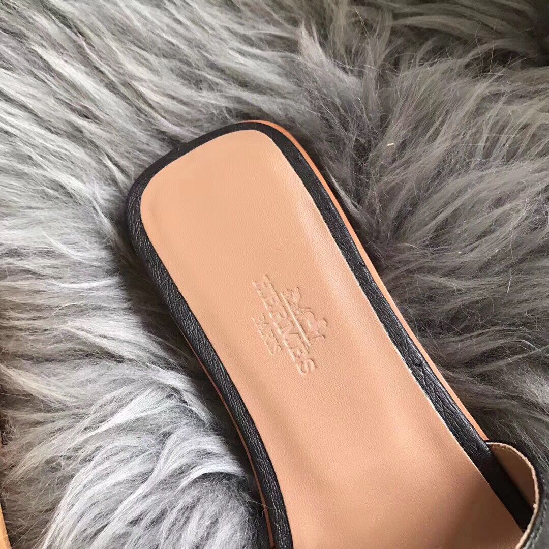 Hermes Oran Sandals In Black Ostrich Leather - Image 3