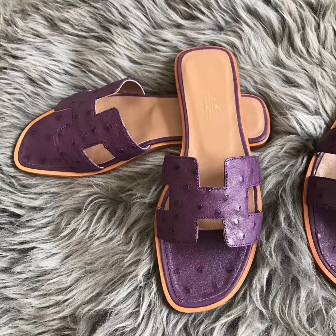 Hermes Oran Sandals In Purple Ostrich Leather - Image 3