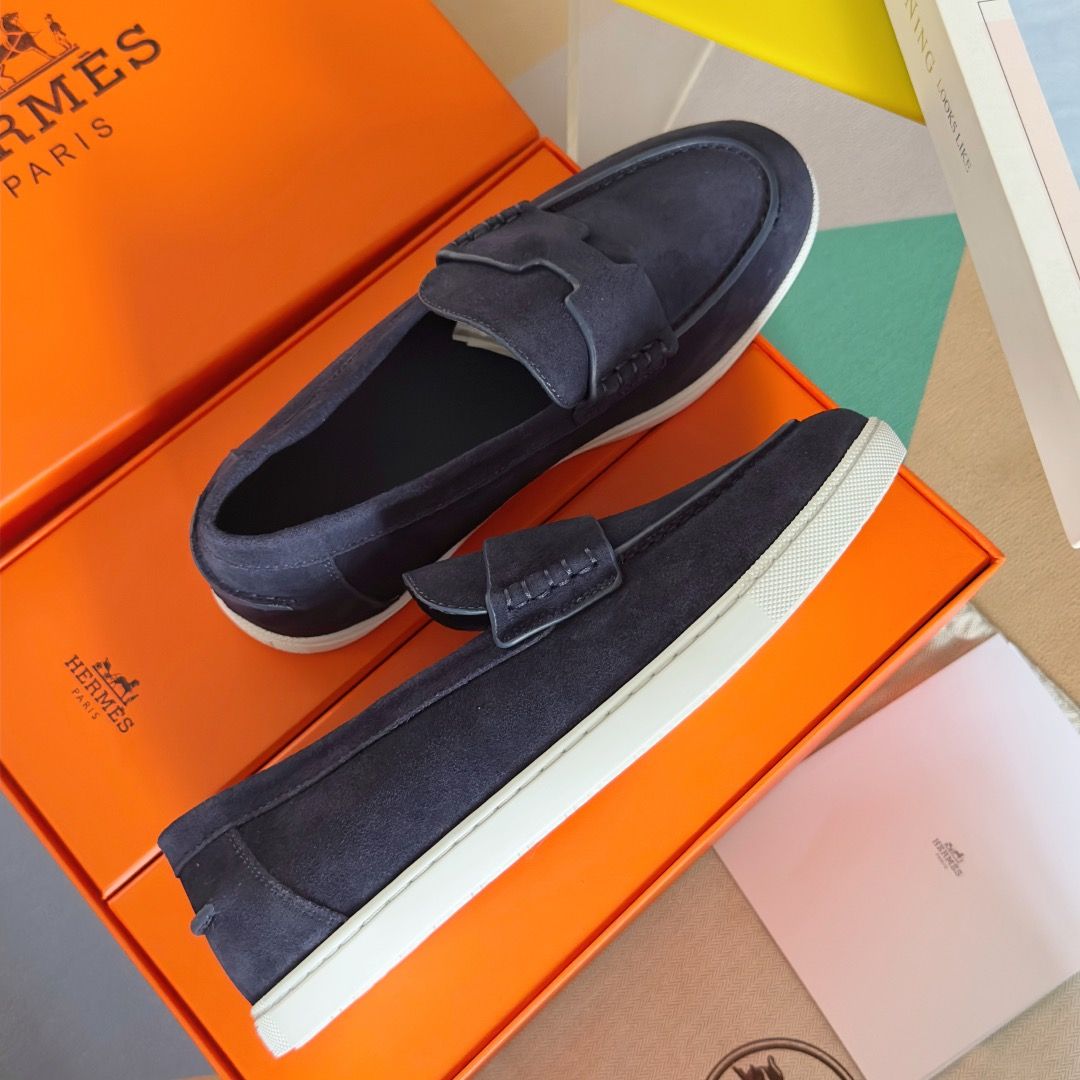 Hermes Men's Job Loafers in Blue Suede Calfskin - Image 6
