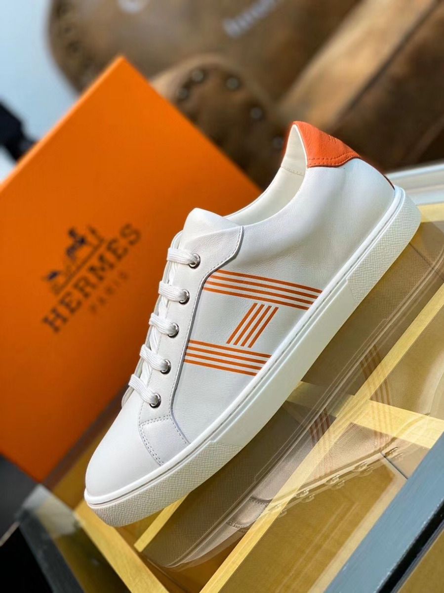 Hermes Men's Avantage Sneakers In White/Orange Calfskin - Image 3
