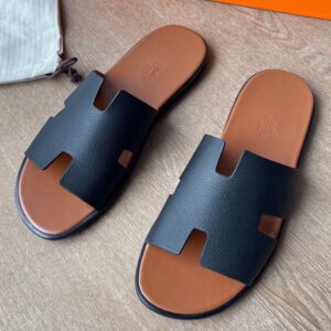 Hermes Izmir Sandals in Black Epsom Calfskin with Gold Insole