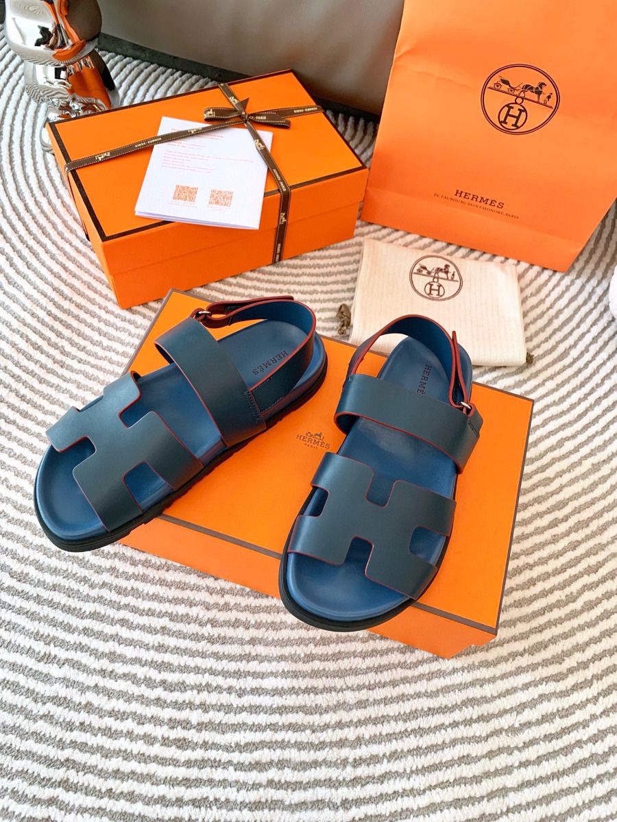 Hermes Men's Genius Sandals In Blue Calfskin - Image 7