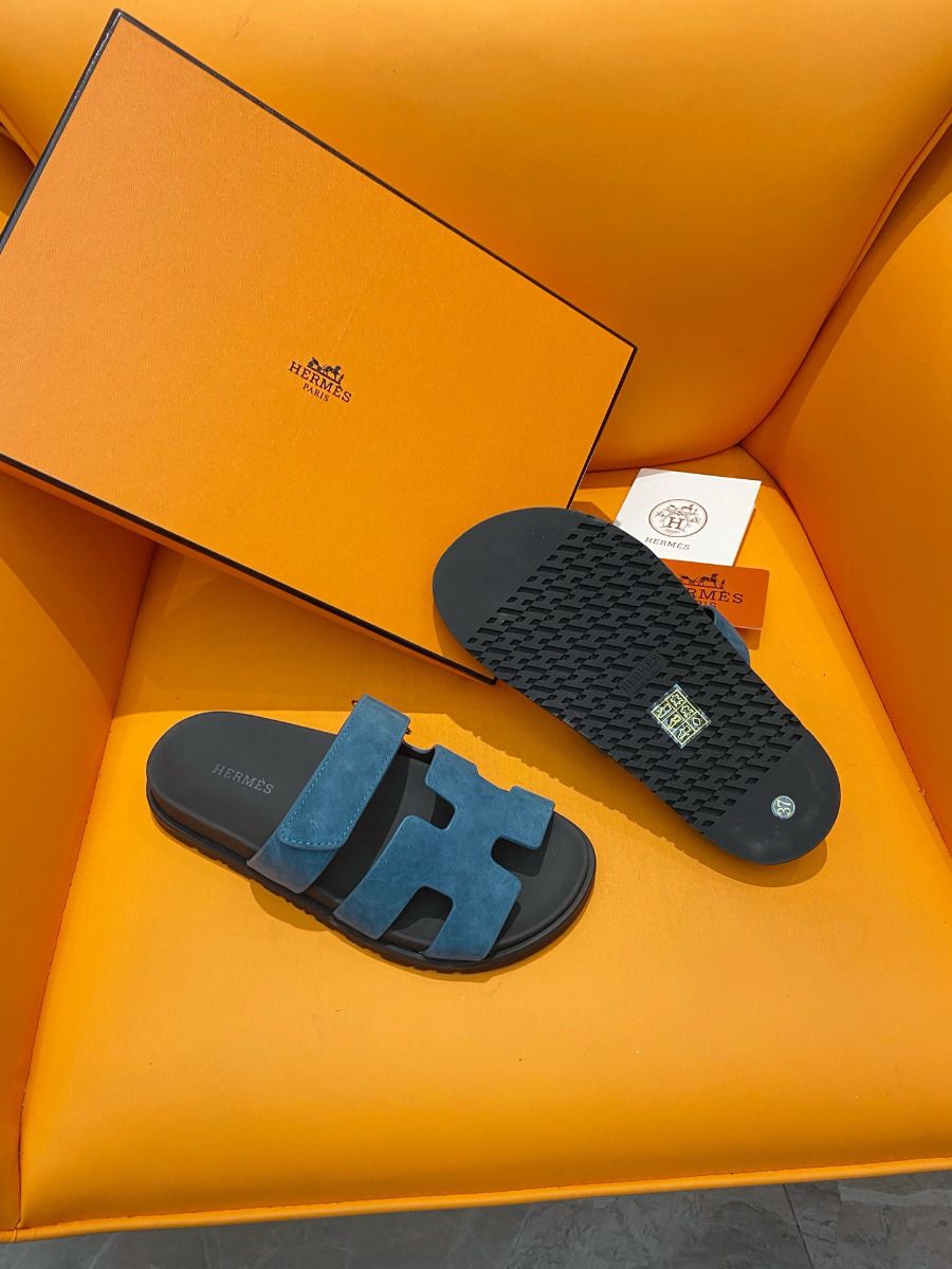 Hermes Men's Chypre Sandals in Blue Suede Calfskin - Image 10