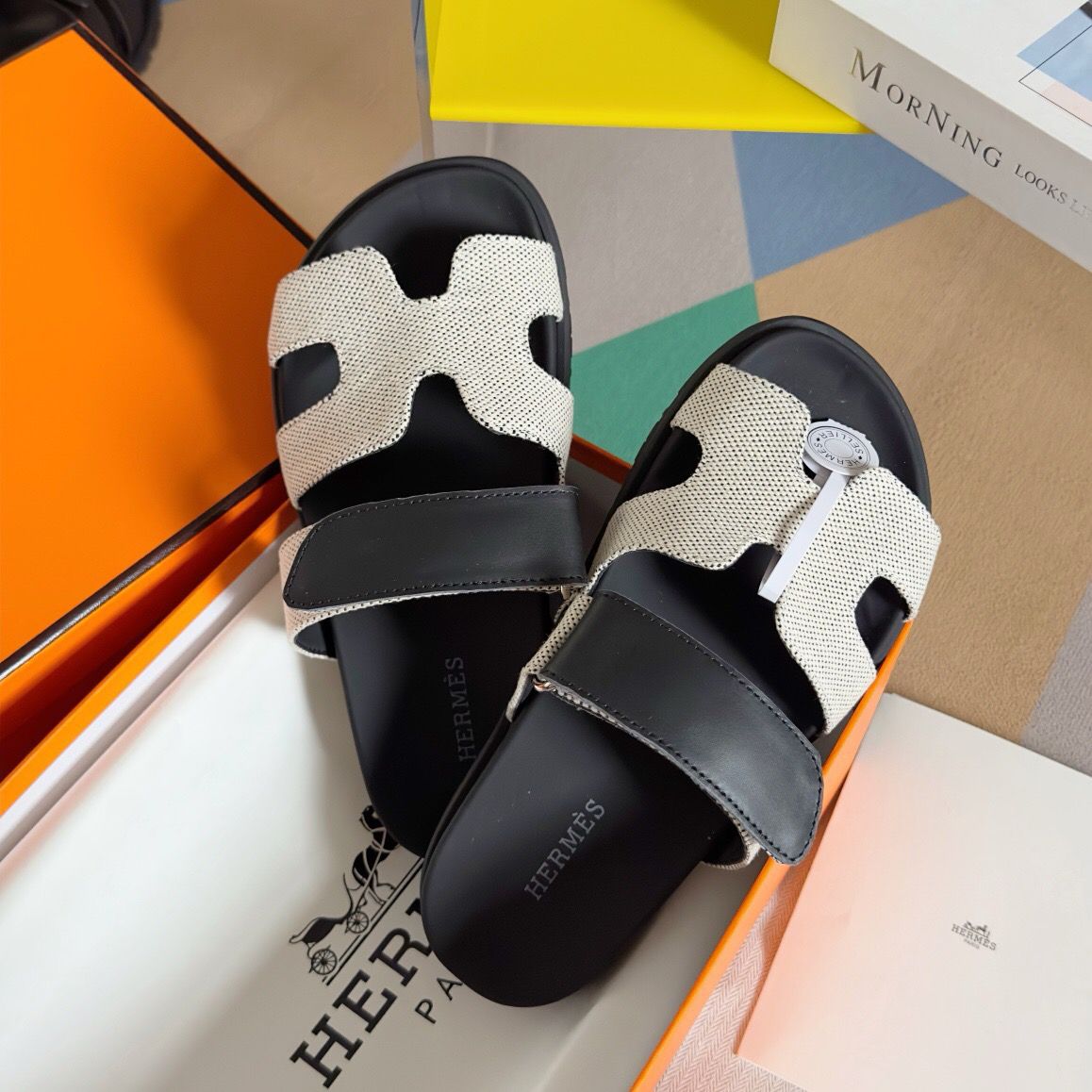 Hermes Men's Chypre Sandals In Canvas with Black Leather - Image 7