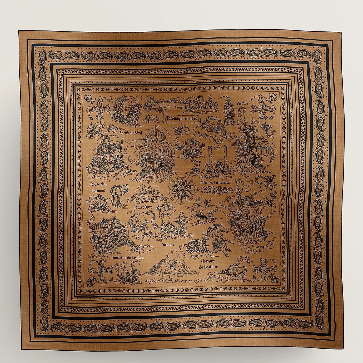 Hermes Caramel Tatouages Marins Bandana Shawl 140