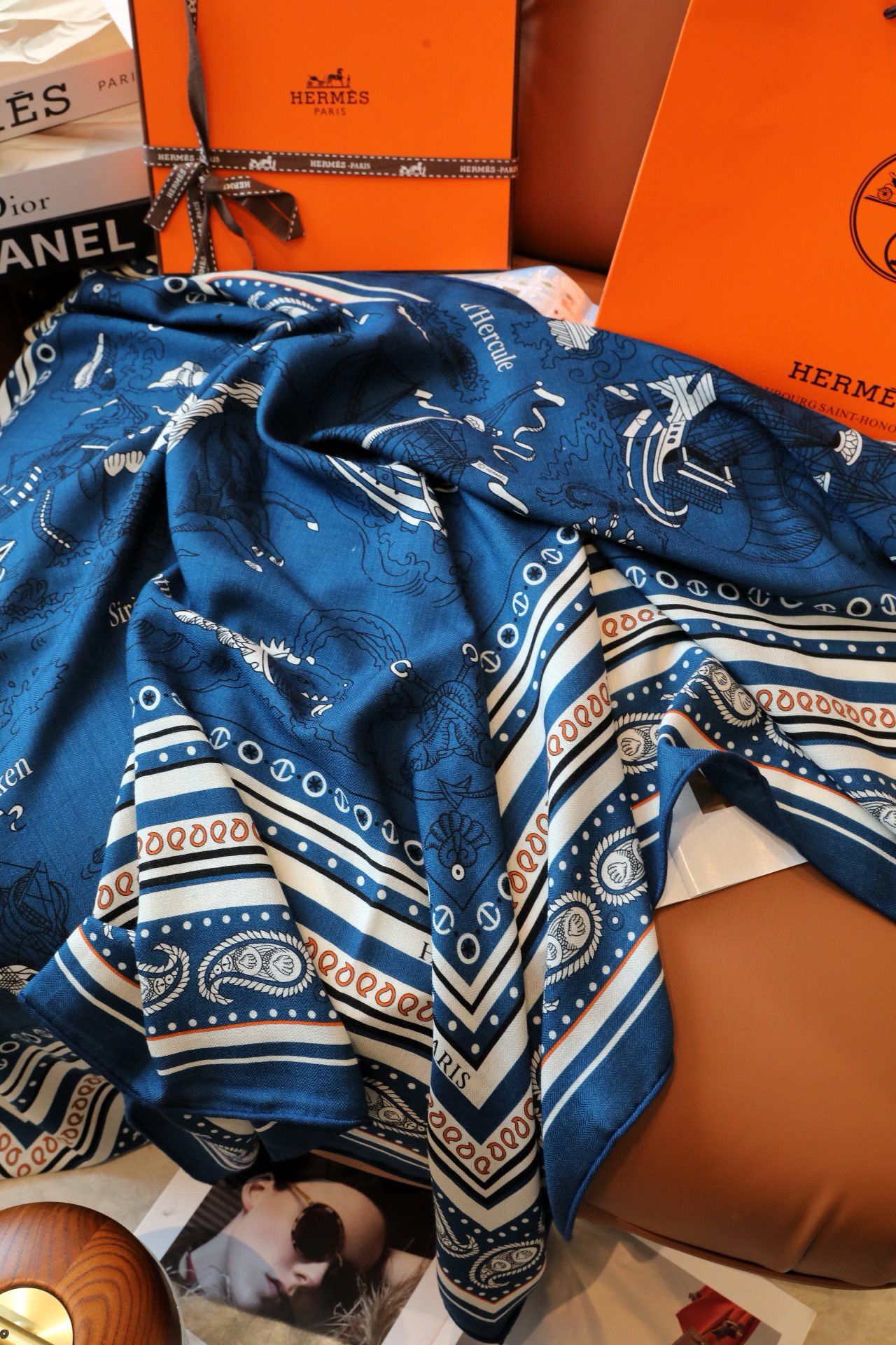 Hermes Blue Tatouages Marins Bandana Shawl 140 - Image 7