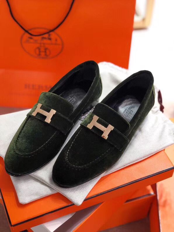 Hermes Paris Loafers In Dark Green Velvet - Image 3