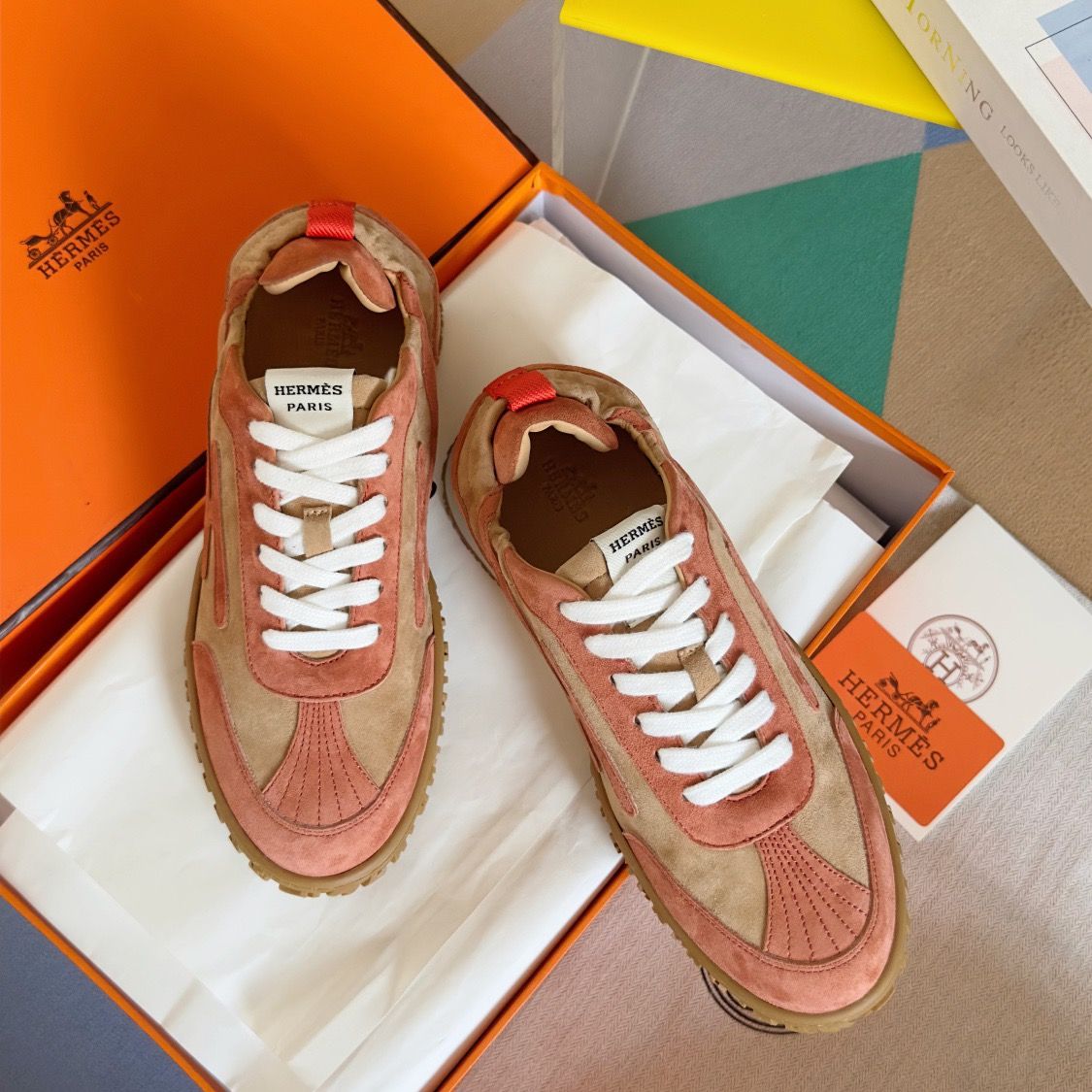 Hermes Women's Jet Sneakers in Beige/Orange Suede Leather - Image 3