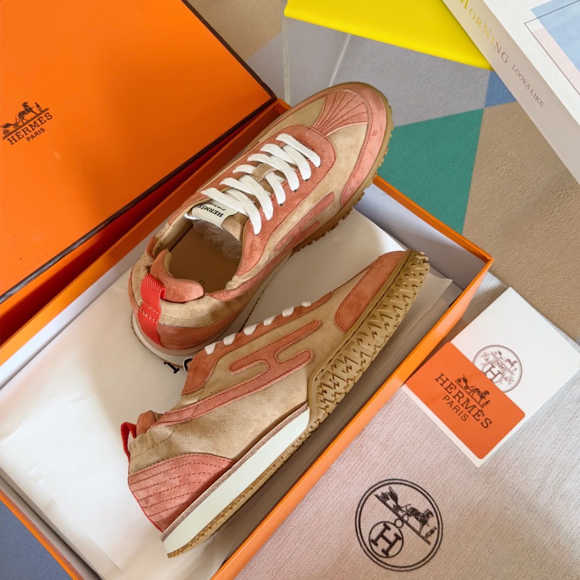 Hermes Women's Jet Sneakers in Beige/Orange Suede Leather - Image 6