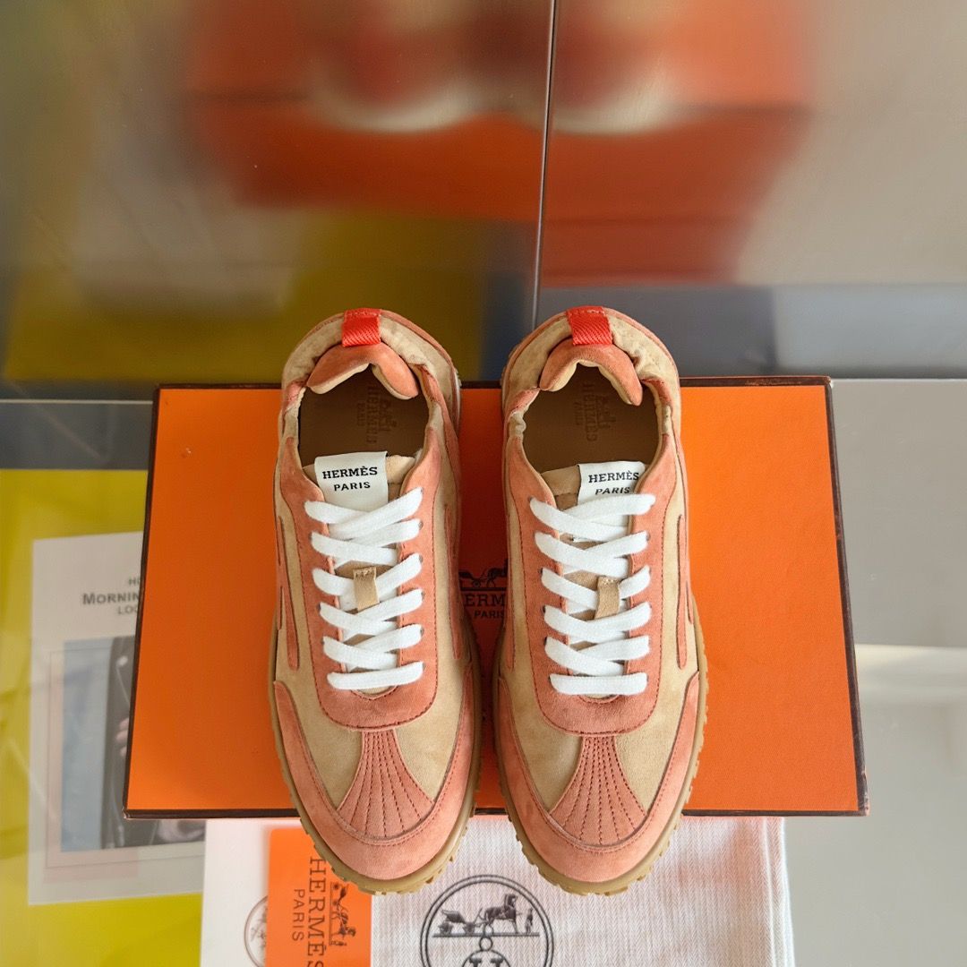 Hermes Women's Jet Sneakers in Beige/Orange Suede Leather - Image 8