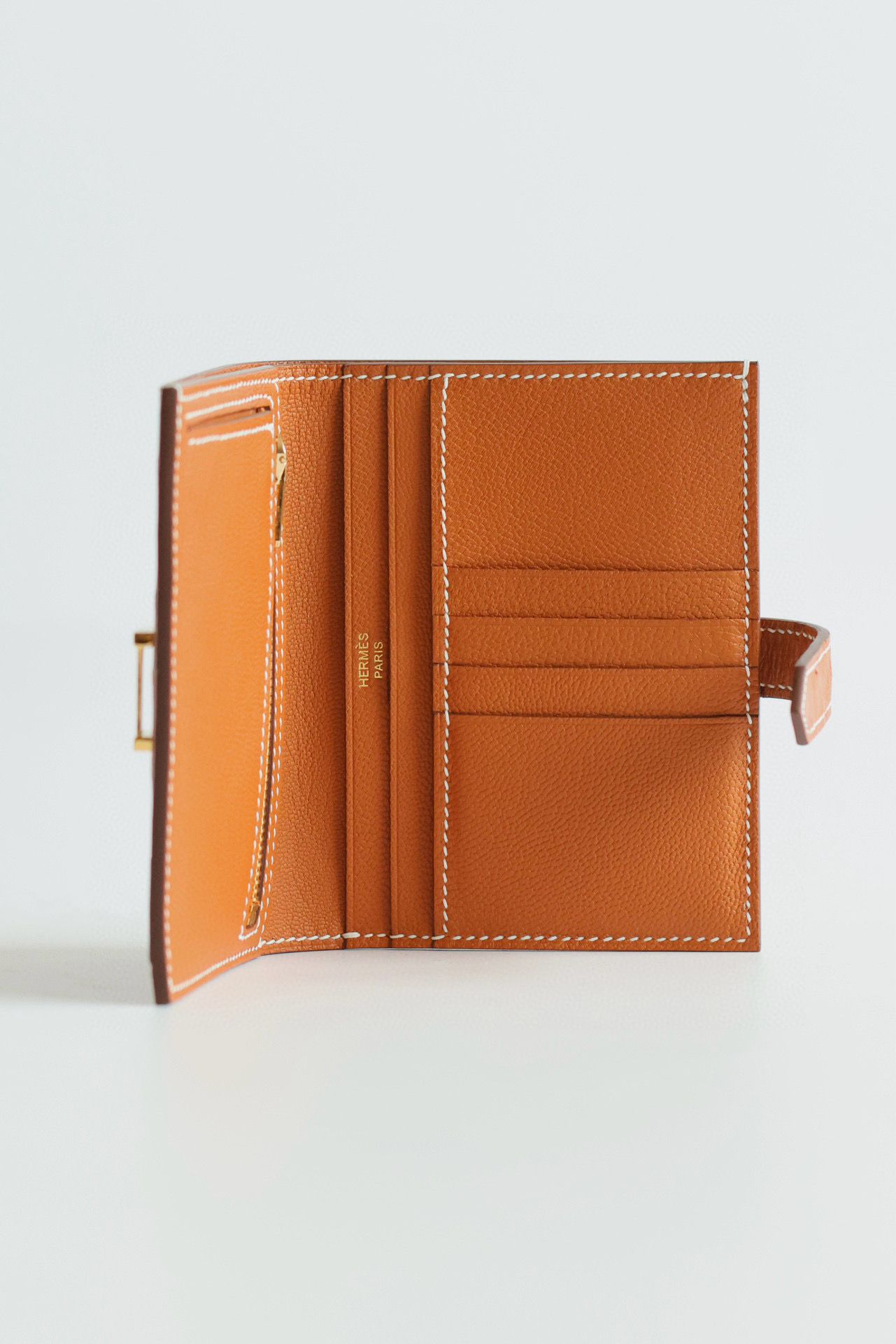 Hermes Bearn Compact Handmade Wallet in Gold Ostrich Leather - Image 5