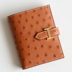 Hermes Bearn Compact Handmade Wallet in Gold Ostrich Leather