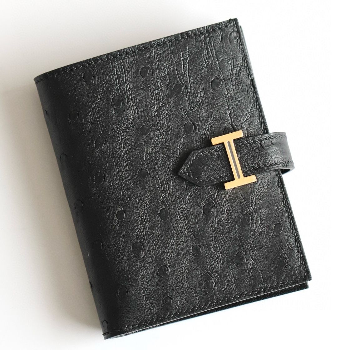 Hermes Bearn Compact Handmade Wallet in Black Ostrich Leather