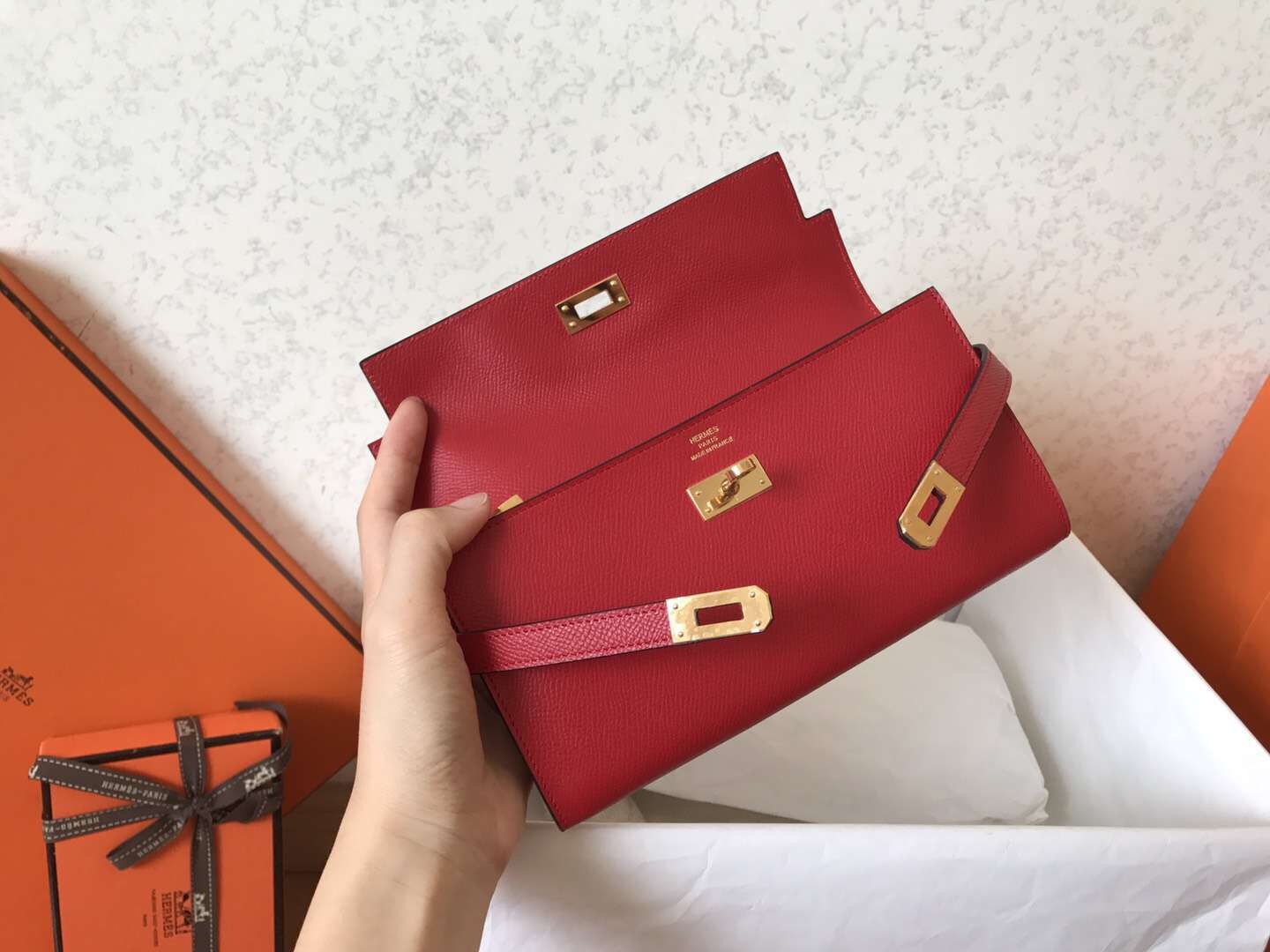 Hermes Kelly Classic Long Wallet In Red Epsom Leather - Image 7