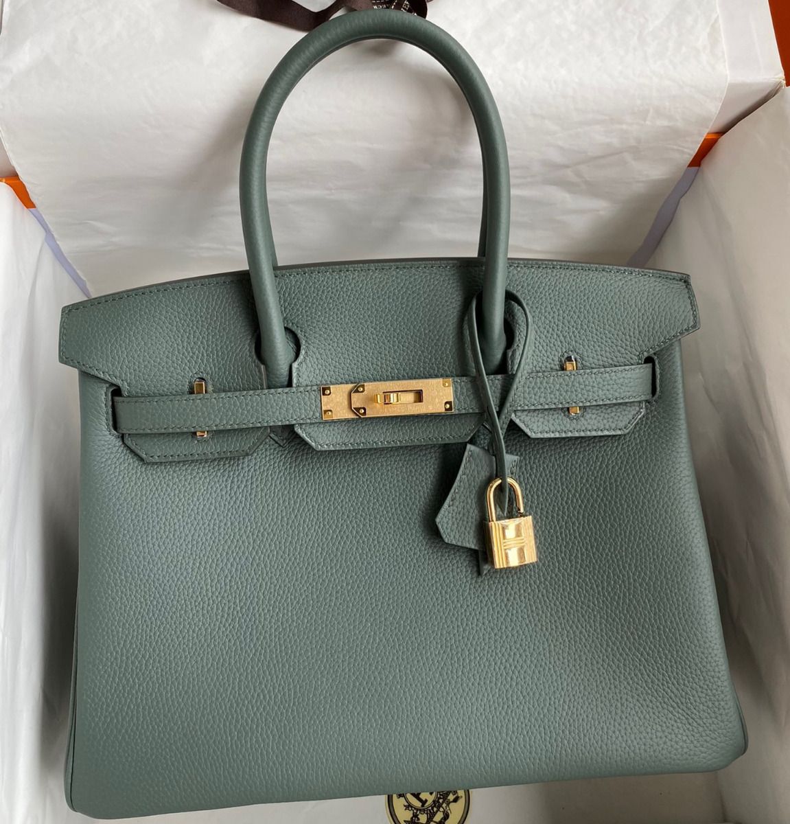 Hermes Birkin 30 Retourne Handmade Bag In Vert Amande Clemence Leather - Image 11