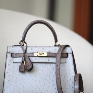 Kelly HSS 25 Ostrich Etoupe(18) and Gris Perle(80) Gold Hardware